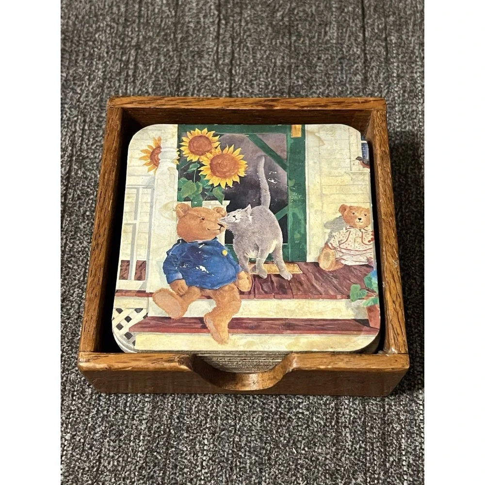 Vintage Set 6 Coasters Teddy Bears Cat Sunflowers Cottage‎ Core w/ Wood Box